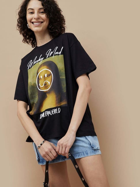 SmileyWorld Black Cotton Printed T-Shirt