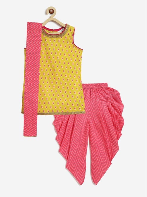 Campana Girls Yellow & Pink Cotton Printed Suit Sets-picture-12