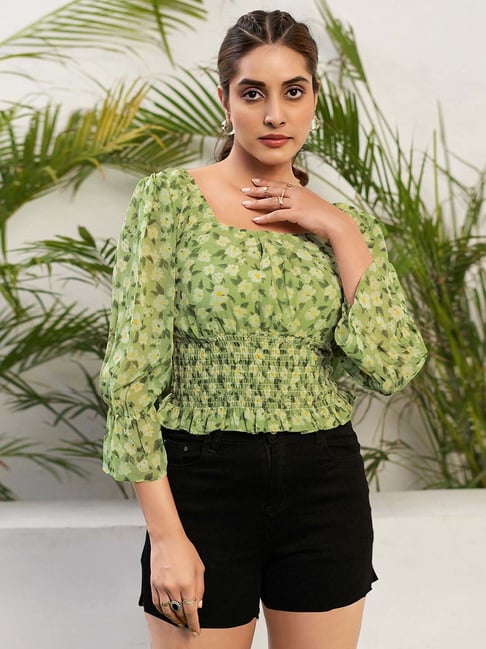 SELVIA Green Printed Top