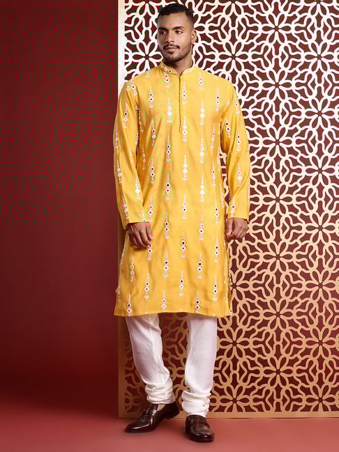 ManQ Yellow Pure Cotton Regular Fit Embroidered Kurta Kurtis