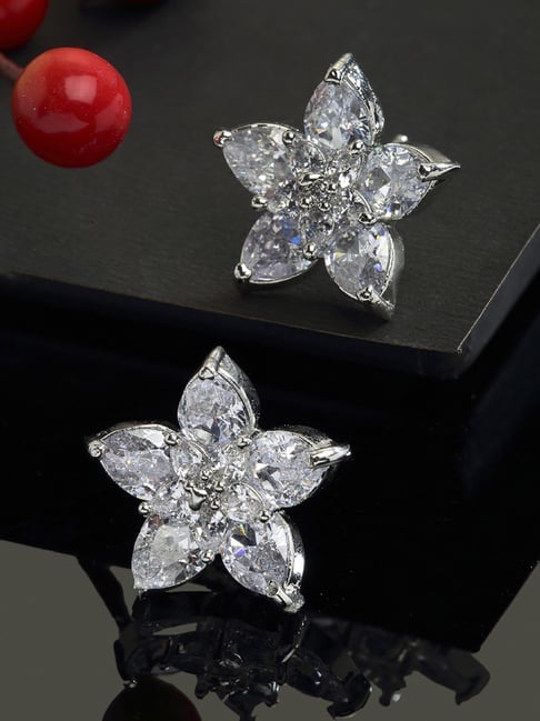 Zeneme Rhodium Plated Silver White Crystal AD Studded Floral Shaped Stud Earrings-picture-30