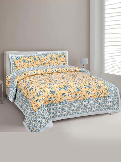 JaipurFabric Yellow & Grey Pure Cotton 180 TC Festine Flower Double Bedsheet with 2 Pillow Covers-picture-42