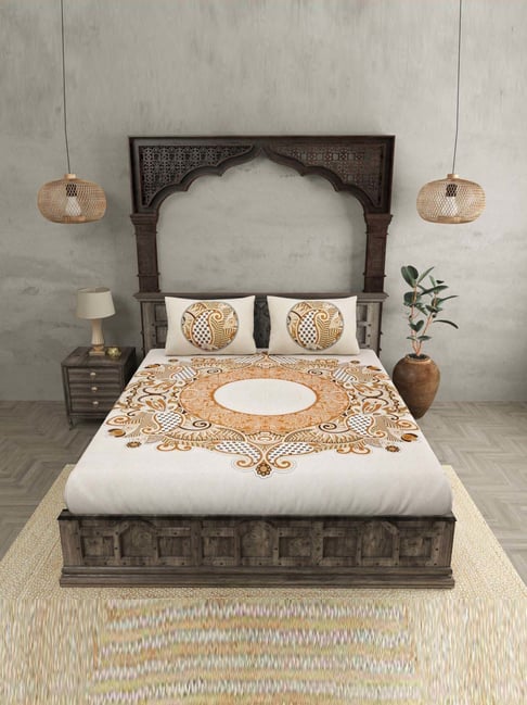 JaipurFabric Brown & Yellow Pure Cotton 280 TC Cosmic Kolam Double Bedsheet with 2 Pillow Covers-picture-33