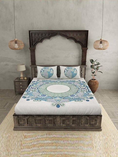 JaipurFabric Blue & Green Pure Cotton 280 TC Cosmic Kolam Double Bedsheet with 2 Pillow Covers-picture-20