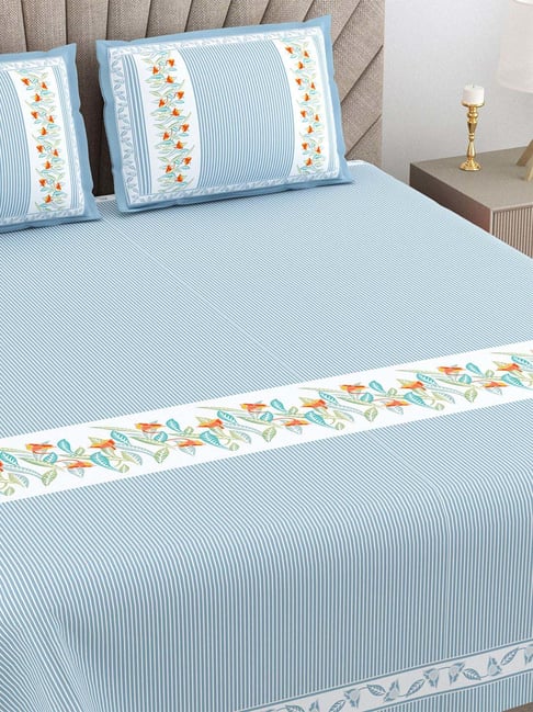 JaipurFabric Blue Pure Cotton 240 TC Eco Friendly King Size Bedsheet with 2 Pillow Covers