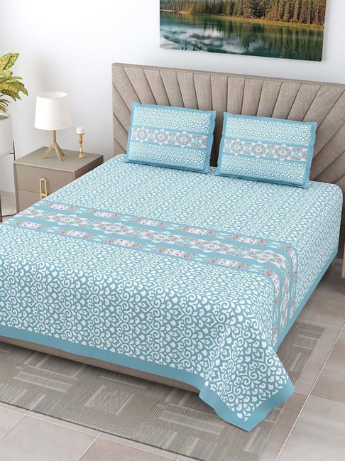 JaipurFabric Blue Pure Cotton 240 TC Ethnic King Size Bedsheet with 2 Pillow Covers-picture-35