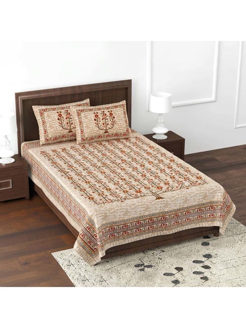 JaipurFabric Brown Pure Cotton 180 TC Marking Celebration Single Bedsheet with 2 Pillow Covers-picture-27