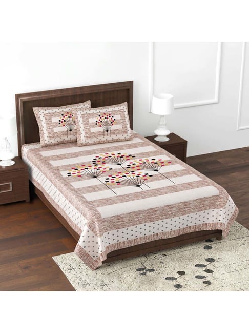 JaipurFabric Brown Pure Cotton 180 TC Fancy Fans Single Bedsheet with 2 Pillow Covers-picture-32