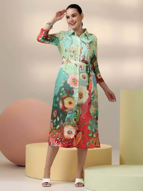 Libas Sea Green Linen Printed Shirt Dress