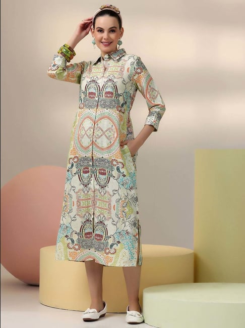 Libas Off-White Linen Printed Shirt Dress