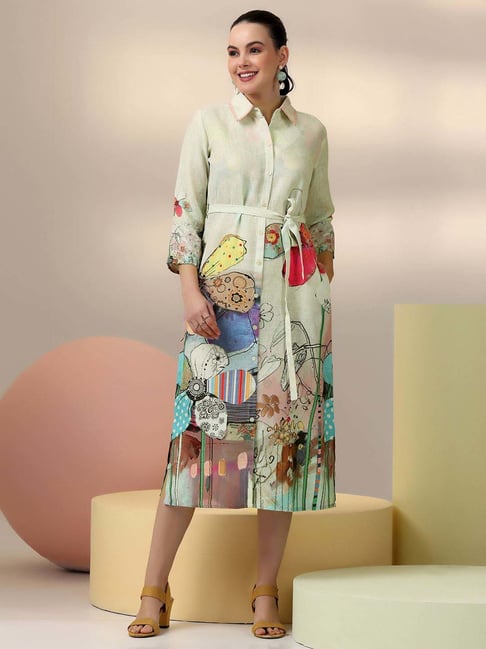 Buy Libas Off White Linen Printed Shirt Dress for Women Online