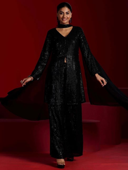 Libas Art Black Embellished Kurti Palazzo Set With Dupatta
