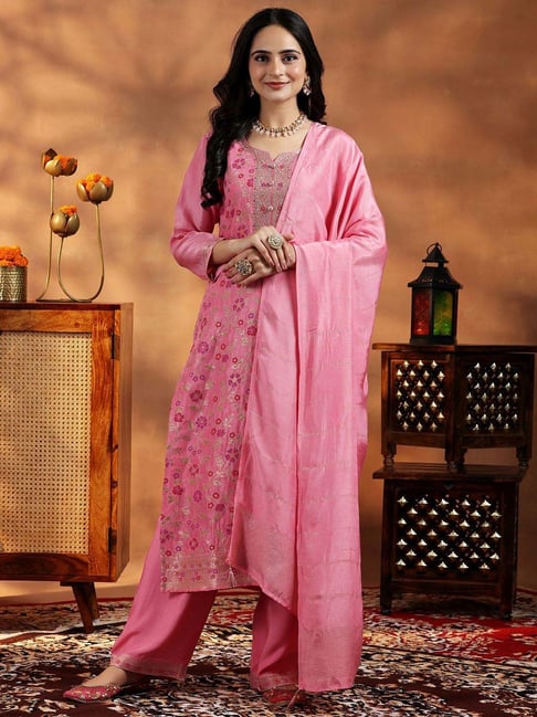 Libas Pink Printed Kurta Palazzo Set With Dupatta