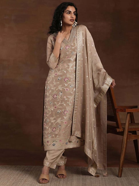 Libas Brown Embroidered Kurta Palazzo Set With Dupatta