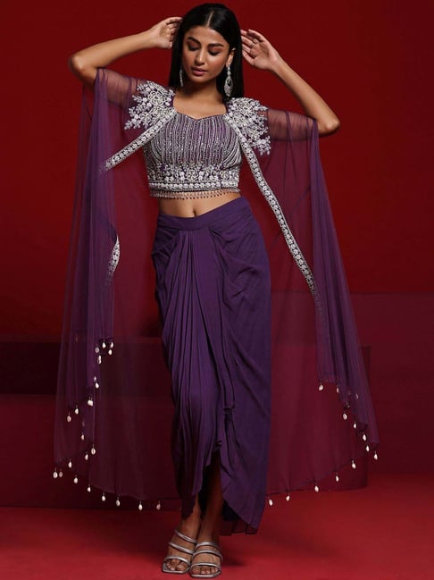 Libas Art Purple Embellished Crop Top Skirt Set With Shrug