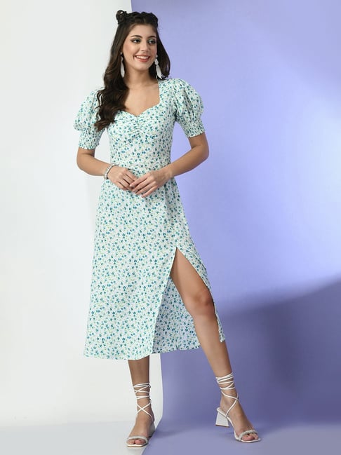 PRETTY LOVING THING White Green Floral Print Midi Dress