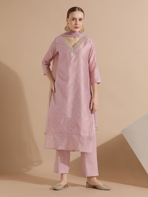Jaipur Kurti Pink Embroidered Kurta With Pant & Dupatta