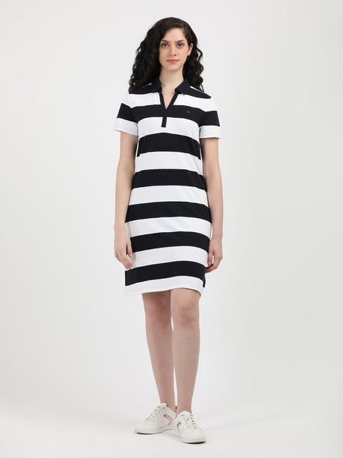 TOMMY HILFIGER Navy White Cotton Striped T Shirt Dress