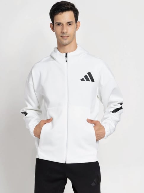 Adidas White Regular Fit Logo Printed Sports Hoodie