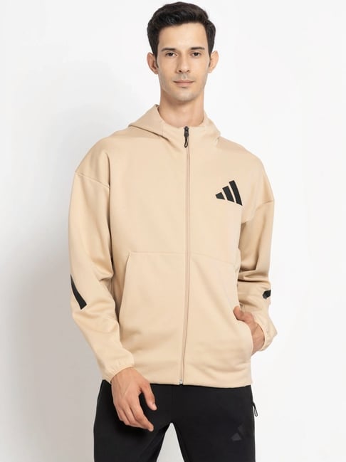 Adidas Beige Regular Fit Logo Printed Sports Hoodie