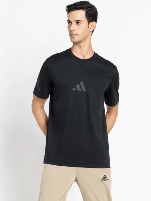 Adidas Black Cotton Regular Fit Logo Printed Sports T-Shirt