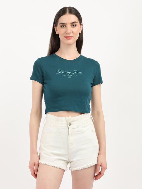 TOMMY HILFIGER Teal Logo Print Crop T-Shirt