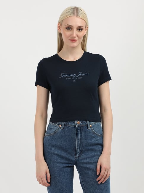 TOMMY HILFIGER Navy Logo Print Crop T-Shirt