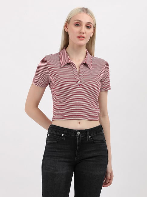 TOMMY HILFIGER Red & White Cotton Striped Crop T-Shirt