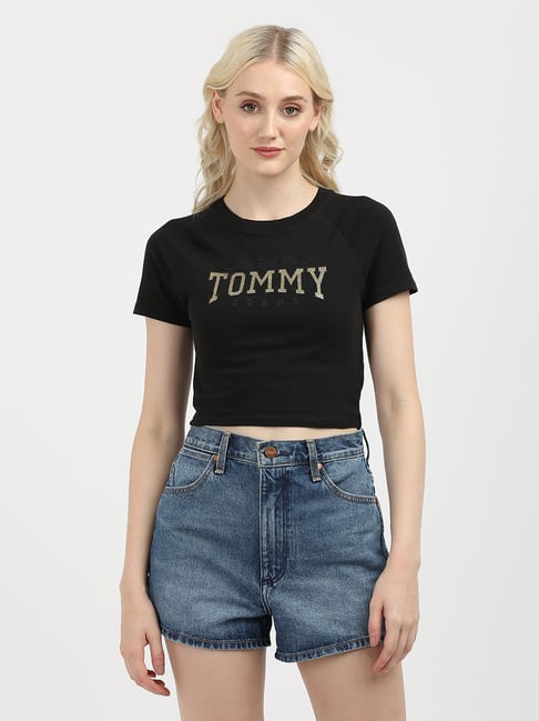 TOMMY HILFIGER Black Cotton Graphic Print Crop T-Shirt