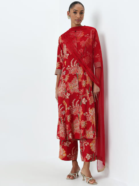 Vark by Westside Red Floral A-Line Kurta, Palazzos and Dupatta Set