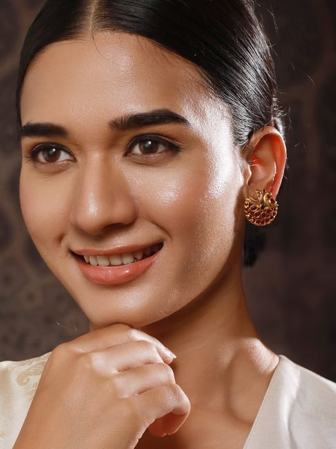 Aatmana 24CT Gold-Plated Ruby Stone AD Studded Peacock Shaped Temple Stud Earrings-picture-22