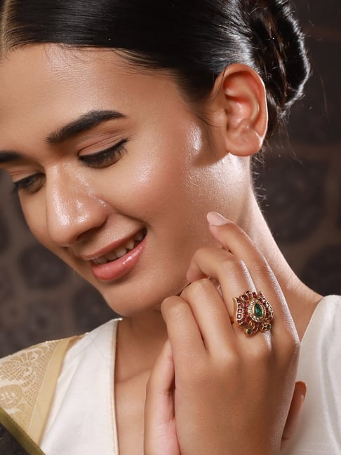 Aatmana Gold-Plated Green & Maroon Stone-Studded Peacock Adjustable Finger Ring
