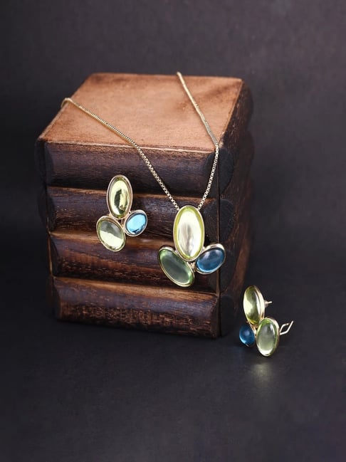 Jewelz gold-plated stone pendant with chain &  earrings  For Girls & Women