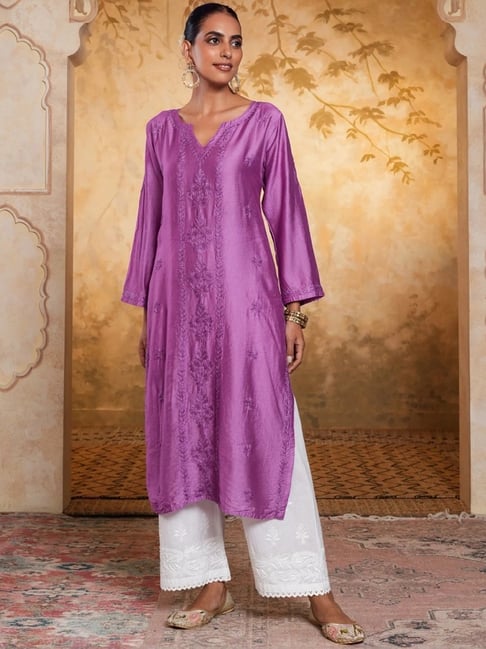 house of chikankari Chanderi Chikankari Solid Women's Long Kurta - Purple-picture-12