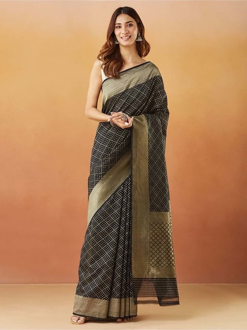 fabindia Black Cotton Silk Blend Woven Sari-picture-41