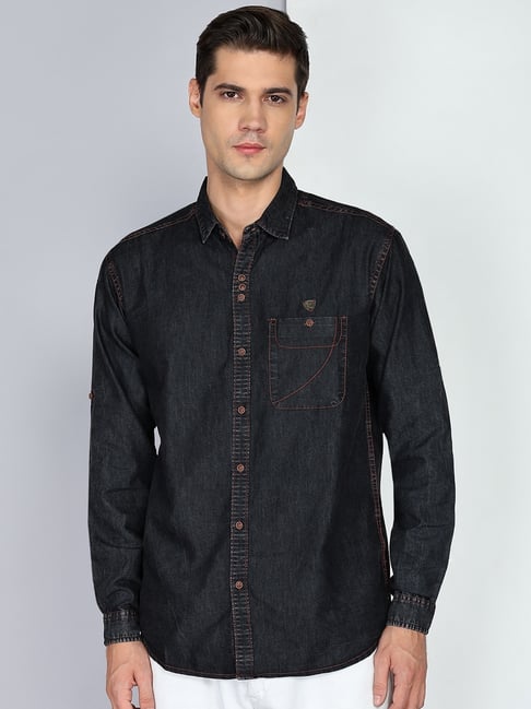 Kuons Avenue Black Cloud Slim Fit Solid Casual Denim Shirt-picture-21