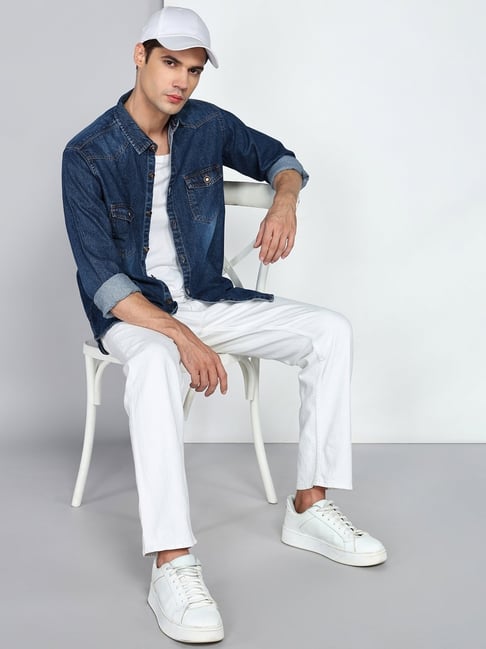 Kuons Avenue Denimax Blue Slim Fit Solid Casual Denim Shirt