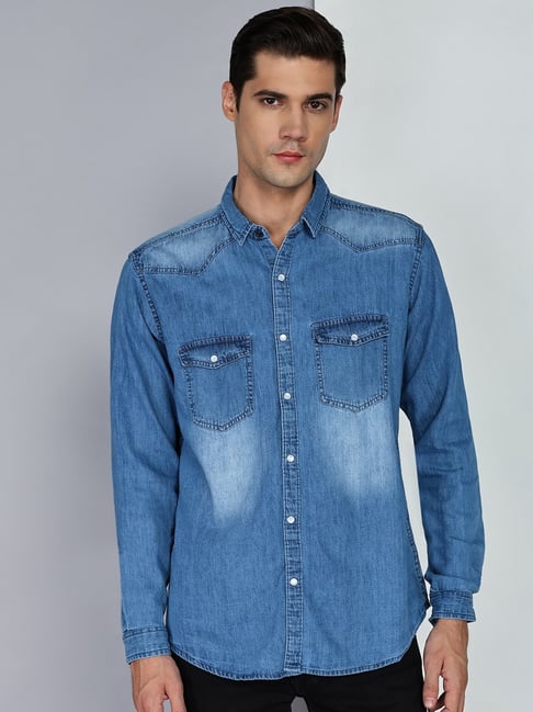 Kuons Avenue Stonewash Slim Fit Solid Casual Denim Shirt-picture-34