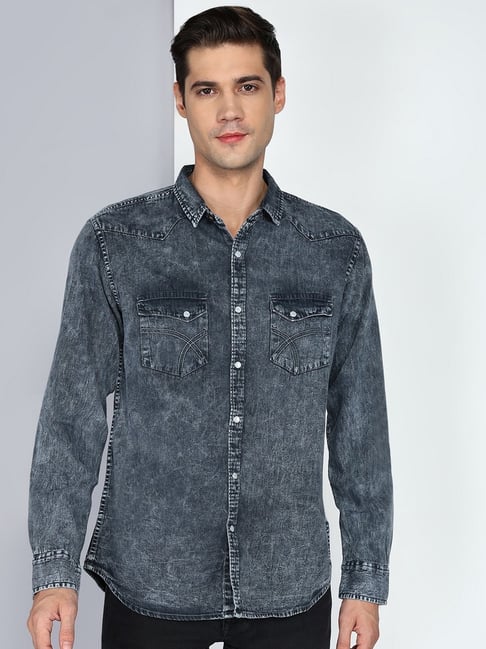 Kuons Avenue Dark Grey Slim Fit Solid Casual Denim Shirt-picture-43
