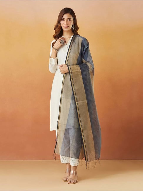 fabindia Navy Cotton Silk Blend Maheshwari Dupatta-picture-23