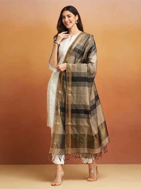 fabindia Grey Cotton Silk Blend Maheshwari Dupatta-picture-22
