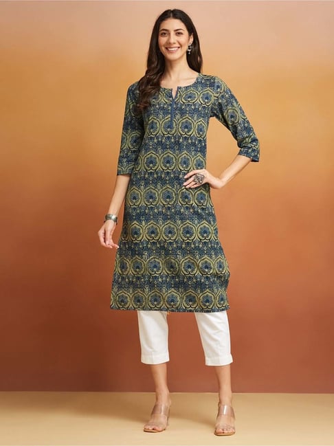Fabindia Blue Cotton Printed Straight Kurta-picture-36