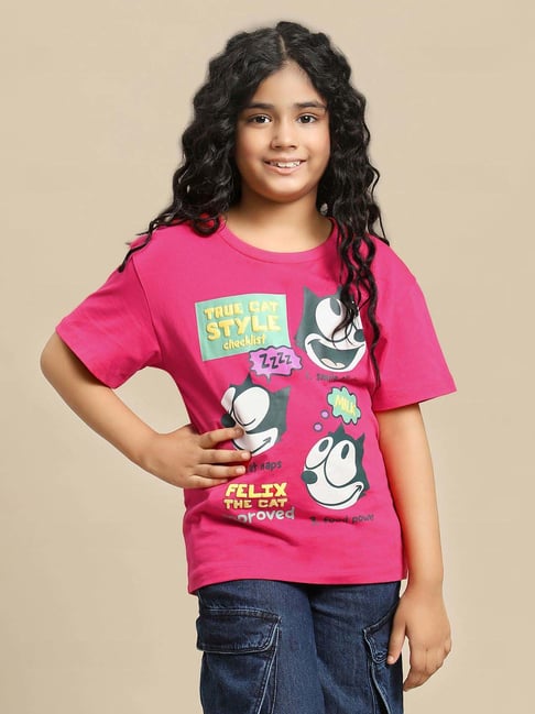 Kidsville Girls Pink Cotton Printed Tshirt