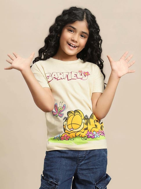 Kidsville Girls Beige Cotton Printed Tshirt