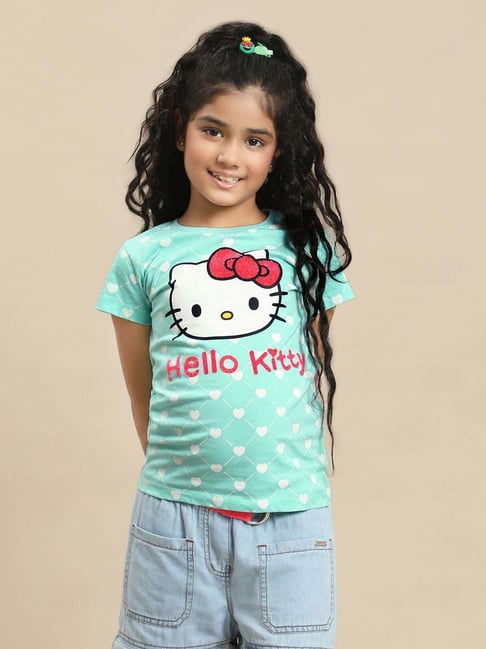 Kidsville Girls Green Cotton Printed Tshirt