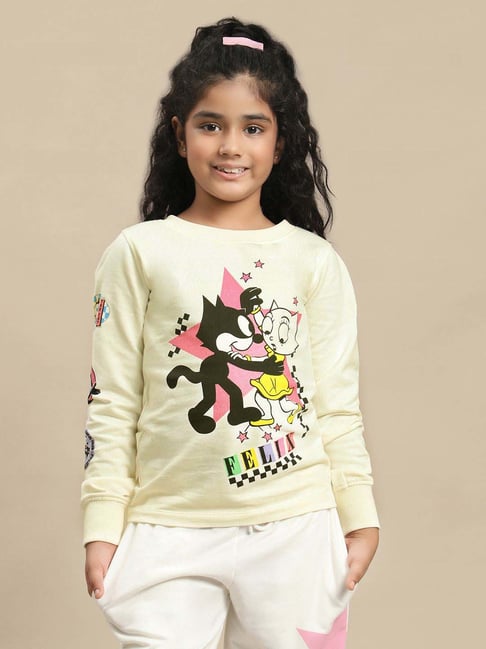 Kidsville Girls Off White Printed Full Sleeves Tshirt