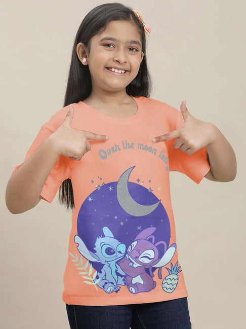 Kidsville Girls Peach Cotton Printed Tshirt