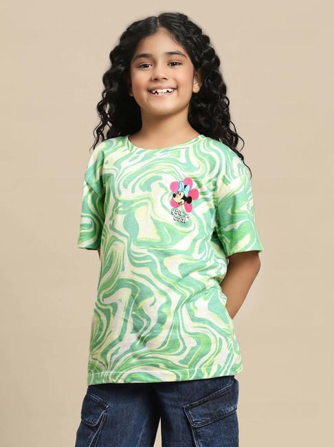 Kidsville Girls Green & Beige Cotton Printed Tshirt