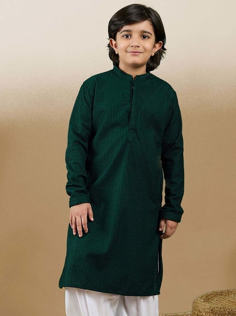 Sanwara Boys Deep Green Cotton Embroidery Full Sleeves Kurta-picture-45