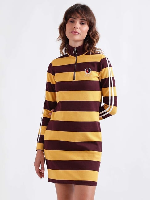 Iconic Yellow & Brown Cotton Striped Shift Dress-picture-16